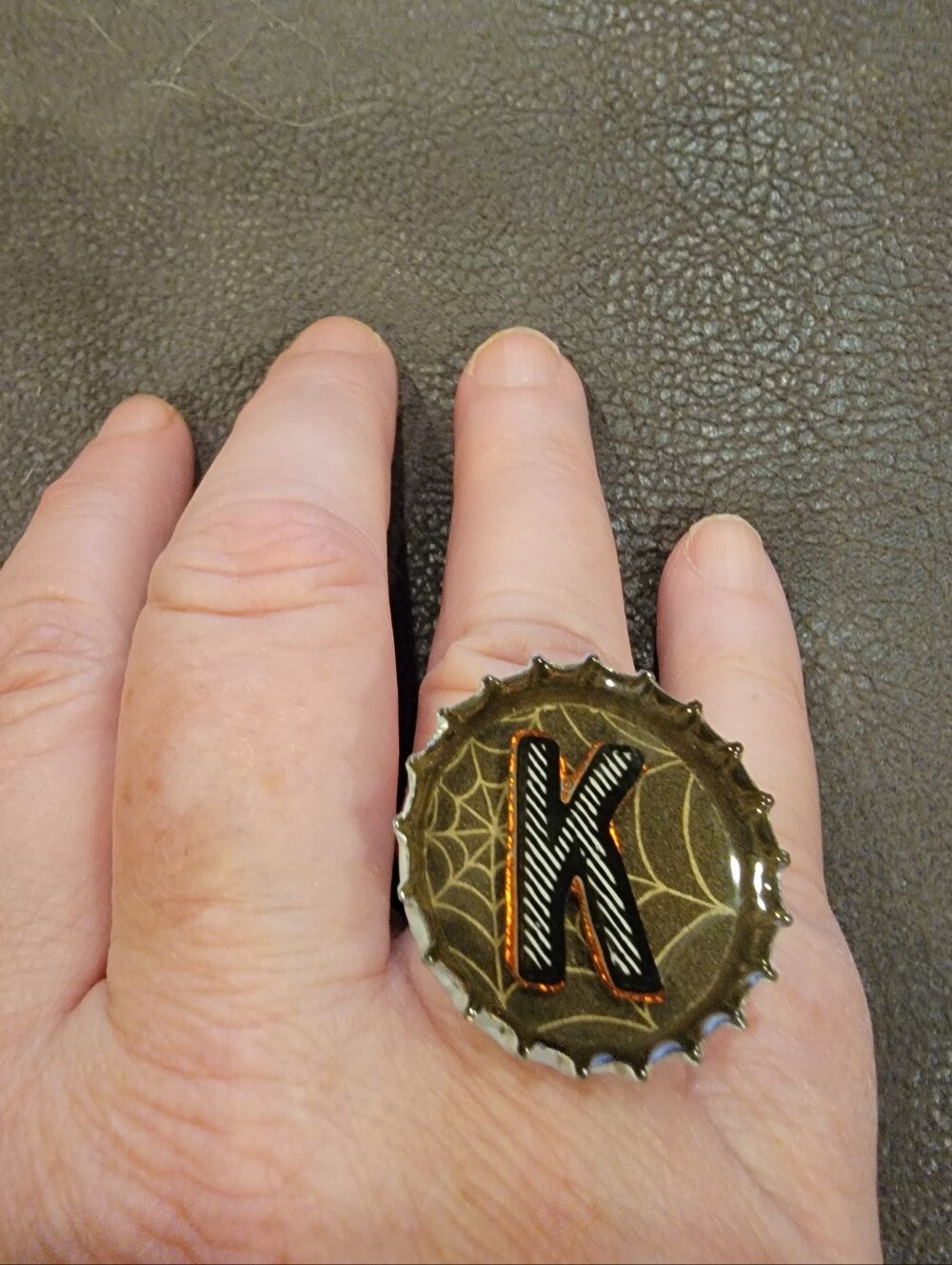 Handmade Halloween Black And Orange Monogram 'K' Bottlecap Ring